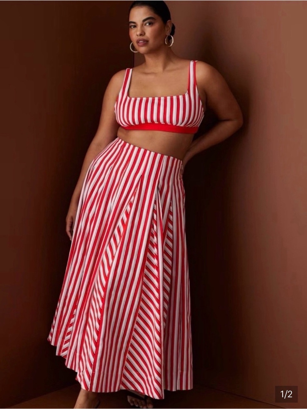 Rosie Assoulin Striped Red and White Midi Skirt